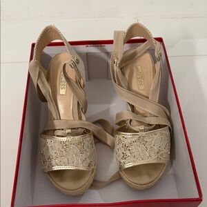 Guess Lace Espadrille Wedge Sandals in Gold